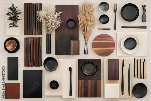 Photo Flat Lay Kitchenware, Tableware, Wood Samples, Dried Plants