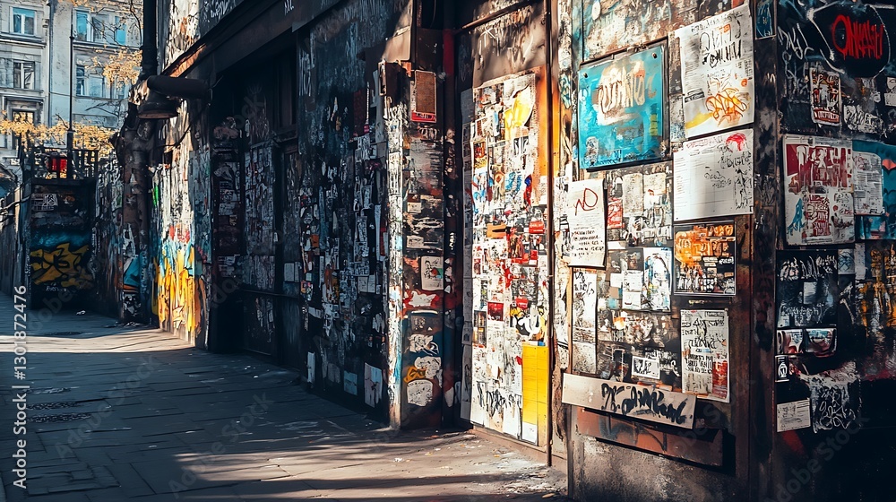 Fototapeta premium Exploring an Urban Alleyway Covered in Posters and Graffiti Art