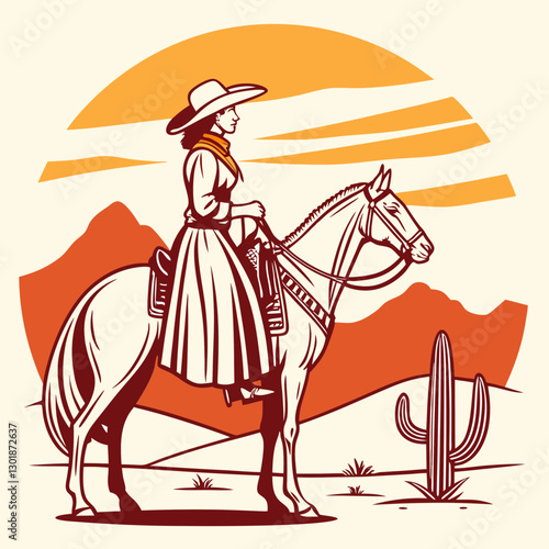 vector a western cowgirl on horseback standing at a desert landscape, cacti, desert flowers, and  mountains, during sunset,  for a t-shirt design