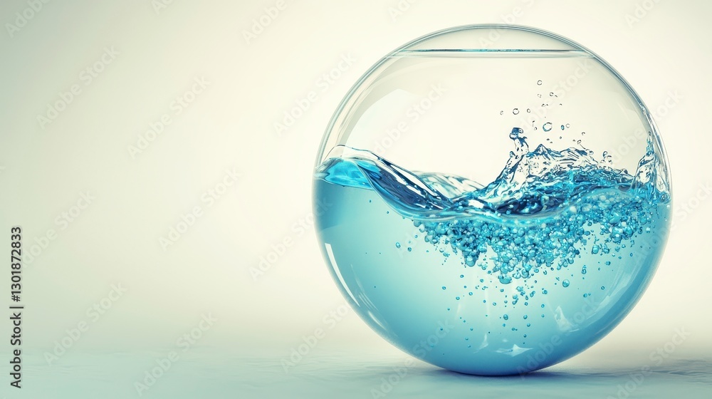 Abstract water sphere, liquid splash, glass bowl, still life, background, contemporary design Abstract water sphere, liquid splash, glass bowl, still life, background, contemporary design