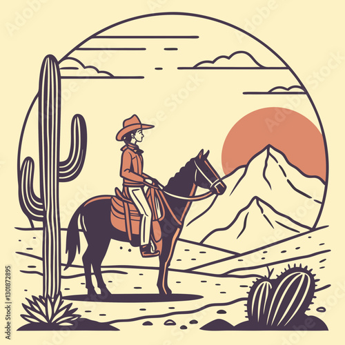 vector a western cowgirl on horseback standing at a desert landscape, cacti, desert flowers, and  mountains, during sunset,  for a t-shirt design