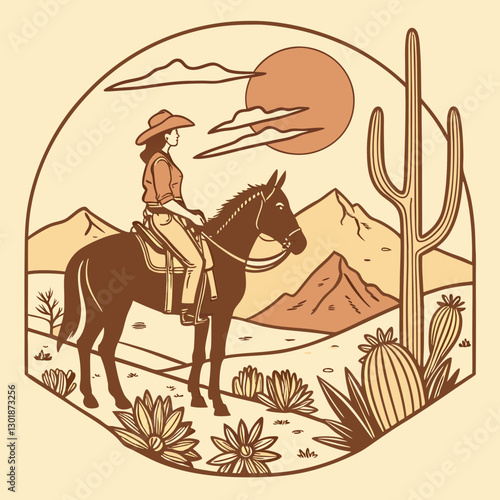 vector a western cowgirl on horseback standing at a desert landscape, cacti, desert flowers, and  mountains, during sunset,  for a t-shirt design