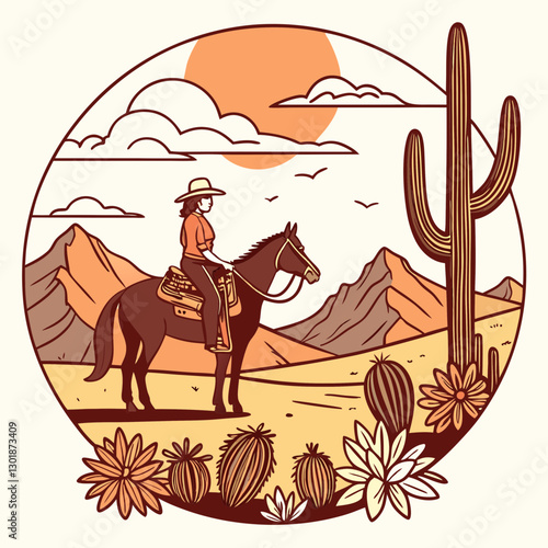 vector a western cowgirl on horseback standing at a desert landscape, cacti, desert flowers, and  mountains, during sunset,  for a t-shirt design