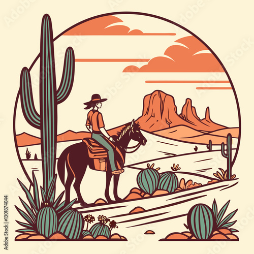 vector a western cowgirl on horseback standing at a desert landscape, cacti, desert flowers, and  mountains, during sunset,  for a t-shirt design