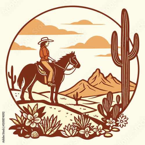 vector a western cowgirl on horseback standing at a desert landscape, cacti, desert flowers, and  mountains, during sunset,  for a t-shirt design