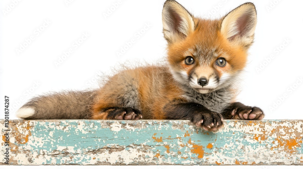 Obraz premium Adorable red fox kit rests, lies on a vintage distressed surface. Commercial use