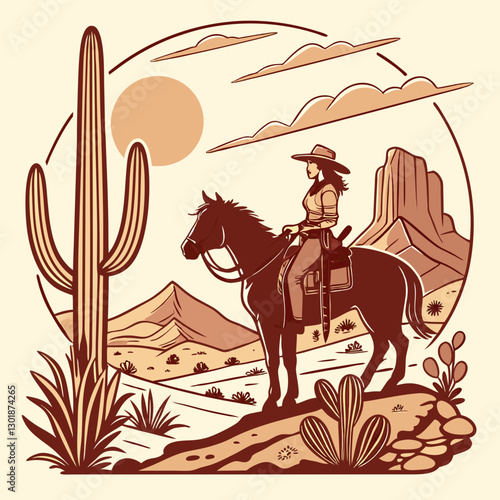 vector a western cowgirl on horseback standing at a desert landscape, cacti, desert flowers, and  mountains, during sunset,  for a t-shirt design