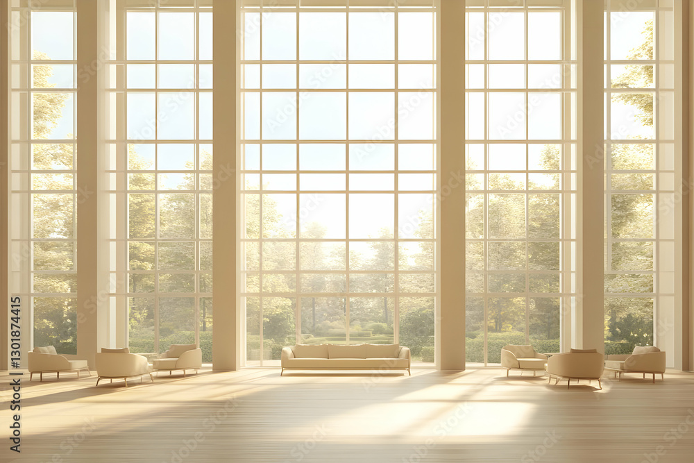 Fototapeta premium 3D Illustration Modern Minimalist Living Room Interior Design with Large Windows and Sunlight