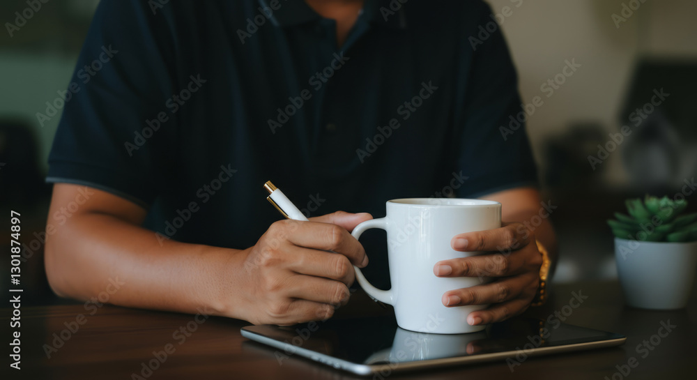 Young hispanic male holding coffee mug and pen at desk with tablet Young hispanic male holding coffee mug and pen at desk with tablet