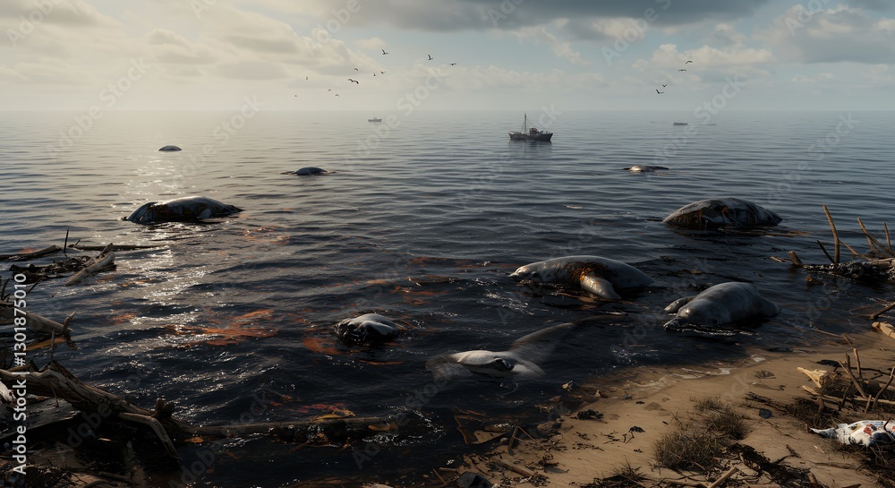 Naklejka premium Seascape with Dark Water Floating Debris and Distant Fishing Boat