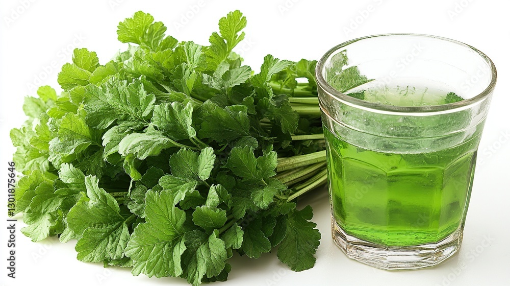 Fresh green celery bunch and juice drink on white background Fresh green celery bunch and juice drink on white background