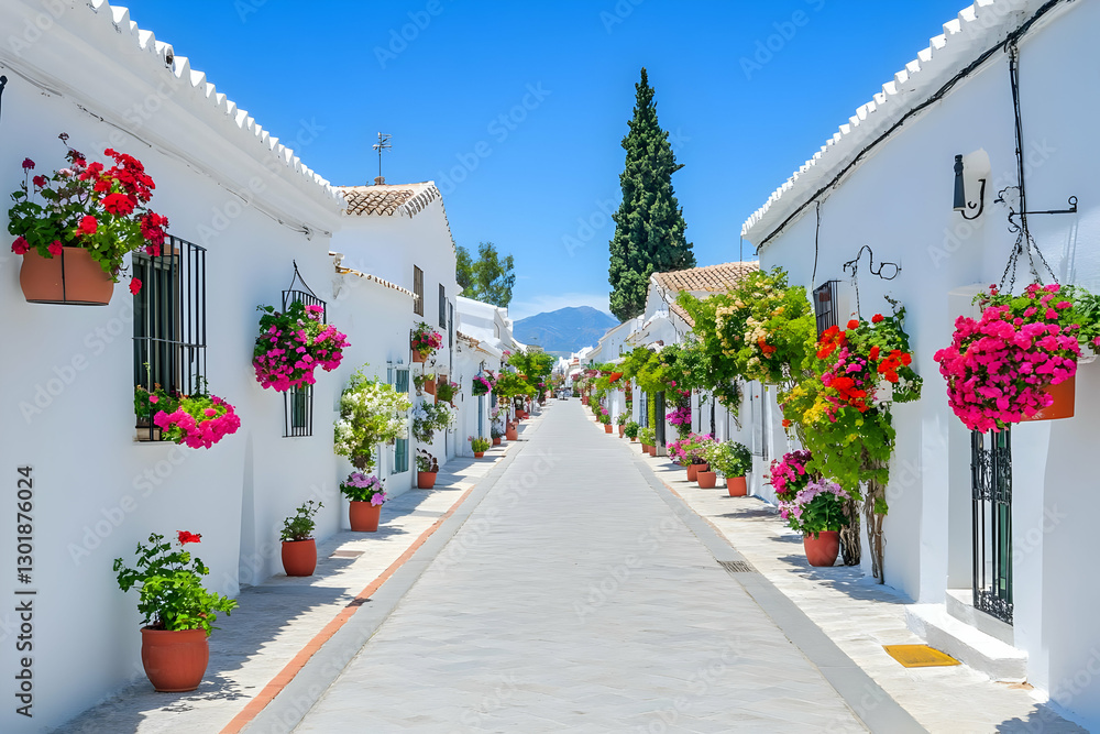 Fototapeta premium Photo White Village Street Flowers Summer Sky Architecture Travel Destination