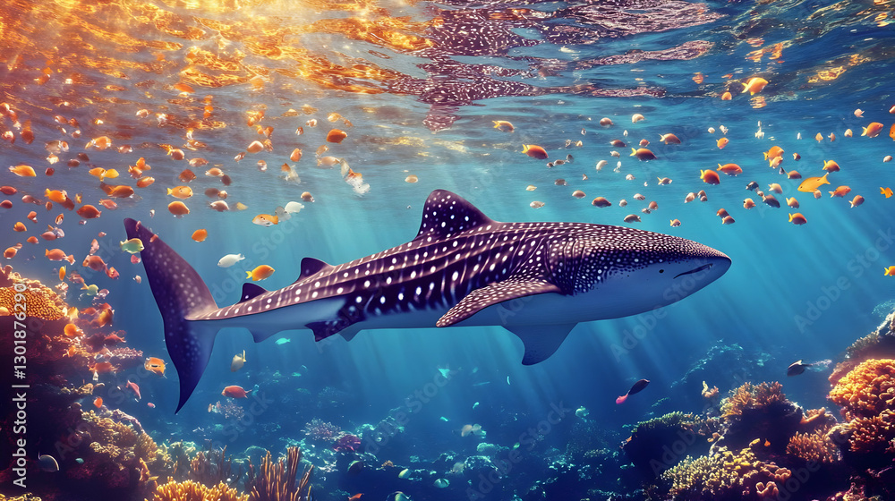 Fototapeta premium Illustration - Whale Shark Ocean Coral Reef Sunlight Fish Underwater Scene