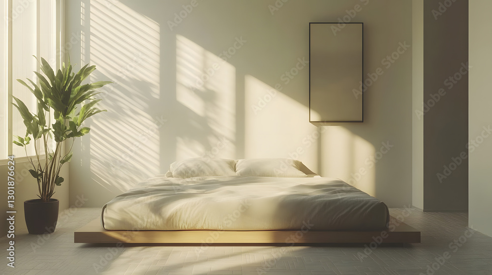 Fototapeta premium Serene Minimalist Bedroom with Sunlight Streaming Through Window