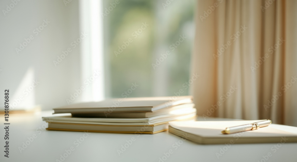 Sunlit workspace with stacked books and pen on white desk Sunlit workspace with stacked books and pen on white desk