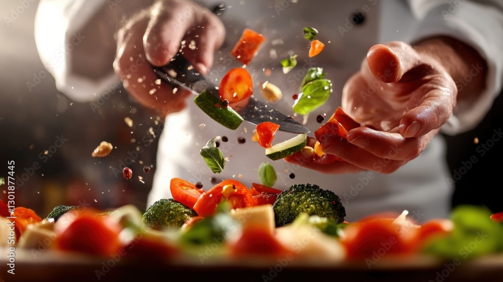 Dynamic culinary action chef chopping fresh vegetables in a professional kitchen close-up view creative cooking concept Dynamic culinary action chef chopping fresh vegetables in a professional kitchen close-up view creative cooking concept