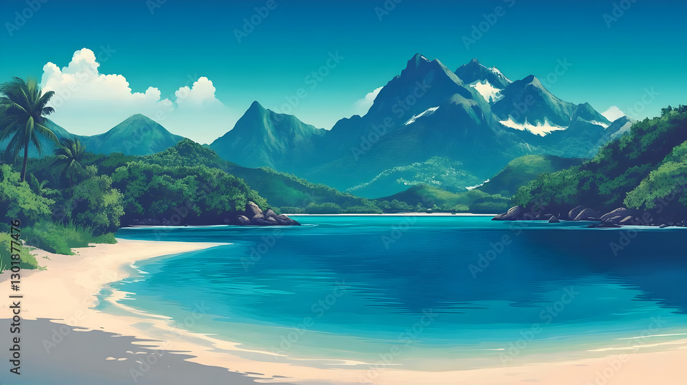 Naklejka premium Illustration Tropical Beach Paradise Ocean Mountains Sky Clouds