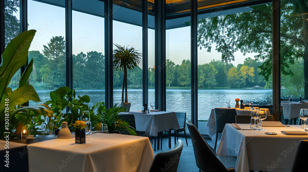 Fototapeta premium Luxurious Lakeside Restaurant Interior with Panoramic Views