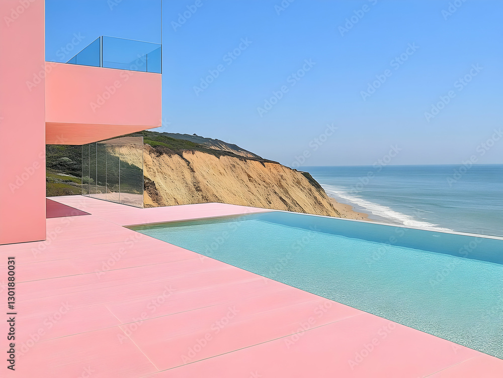 Fototapeta premium Illustration - Pink Modern House Ocean View Infinity Pool Architecture Design Coastal Living