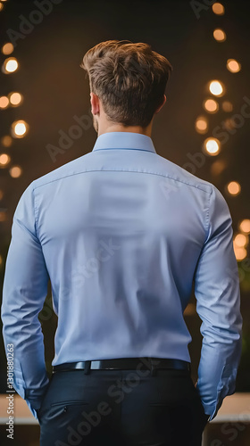 Photo Back View Man Blue Sh...