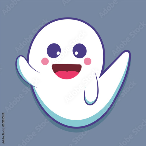 say hello cute ghost character with outline flat vector design