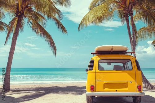 Rear of vintage car parked on the tropical beach with a surfboard on the roof Leisure trip in the summer. retro color effect
