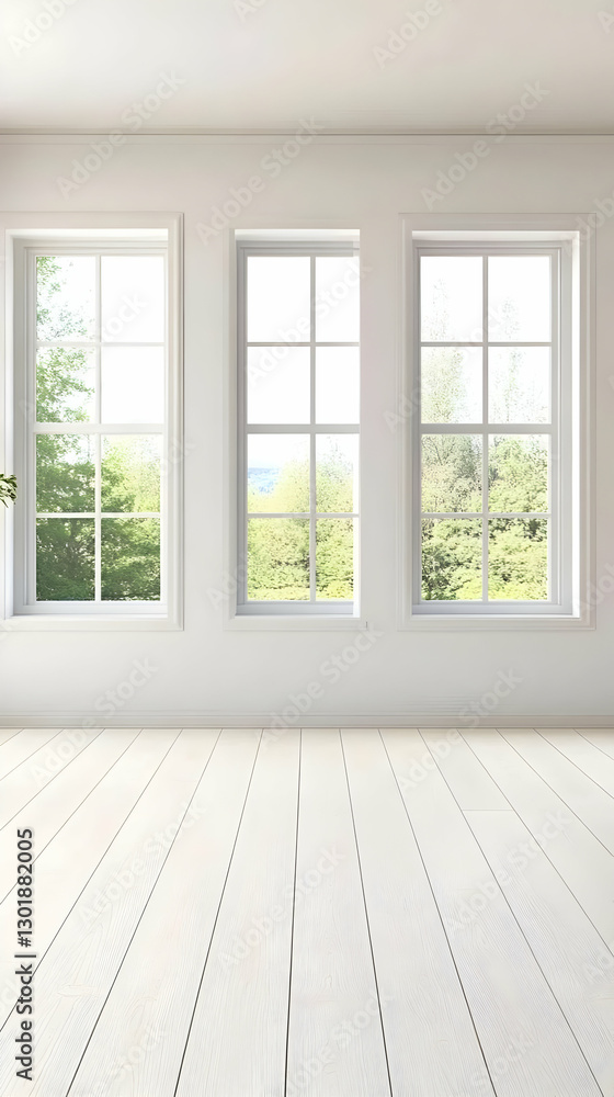Fototapeta premium Illustration - Empty Room, White Floor, Windows, Trees, Interior Design