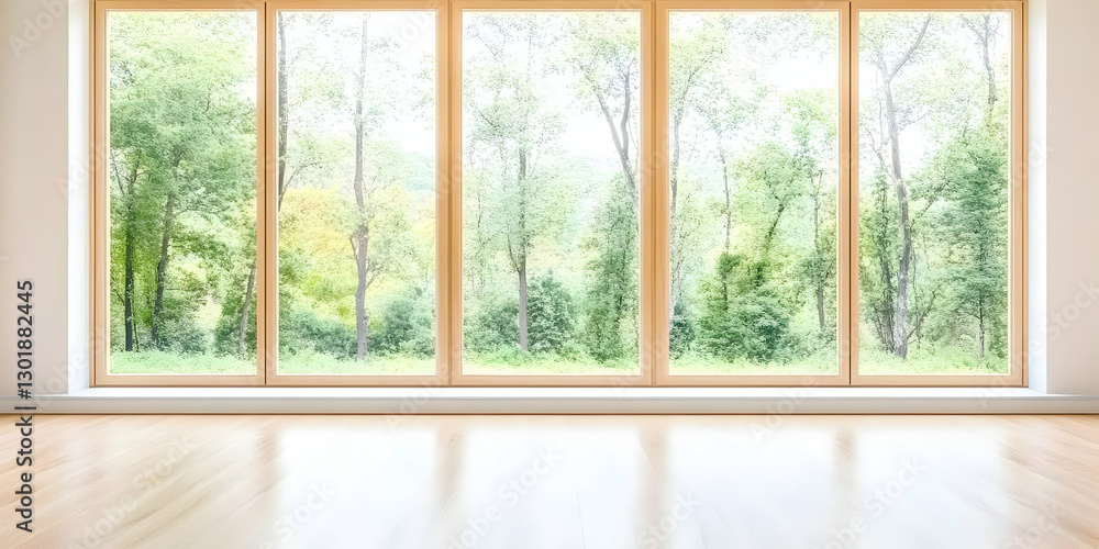 Illustration - Empty Room, Window View, Lush Green Forest, Nature Light, Interior Design Illustration - Empty Room, Window View, Lush Green Forest, Nature Light, Interior Design