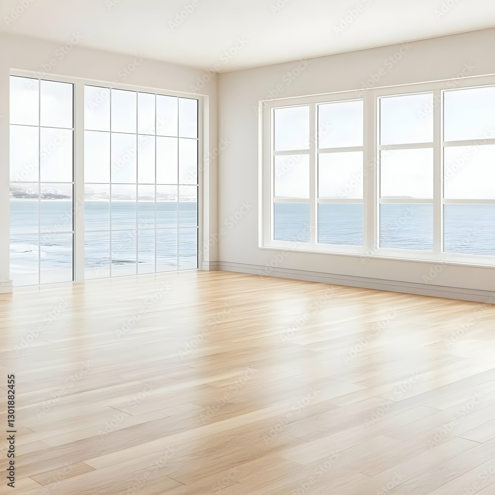 Fototapeta premium Illustration Empty Room with Ocean View, Wood Floor, and Windows