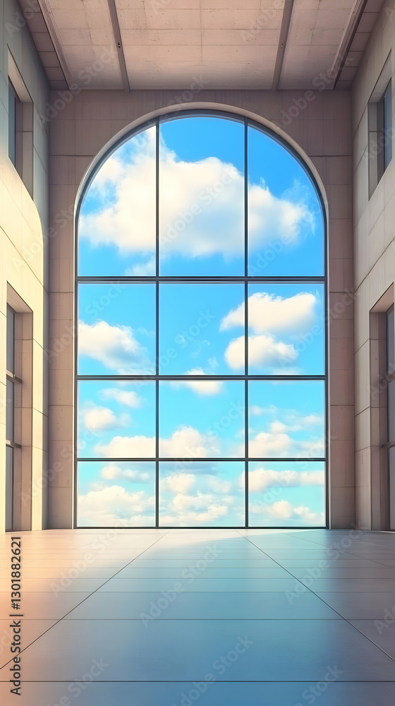Fototapeta premium 3D Illustration Empty Room Clouds Blue Sky Window Architecture Interior Design Tile Floor