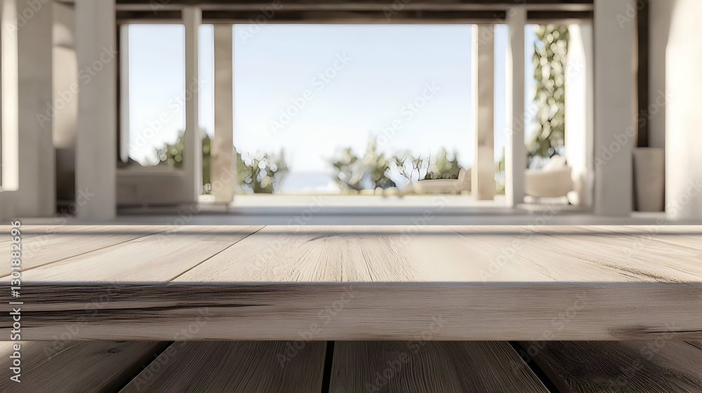Fototapeta premium 3D Illustration Empty Wooden Table Top Ocean View Interior Design Architecture