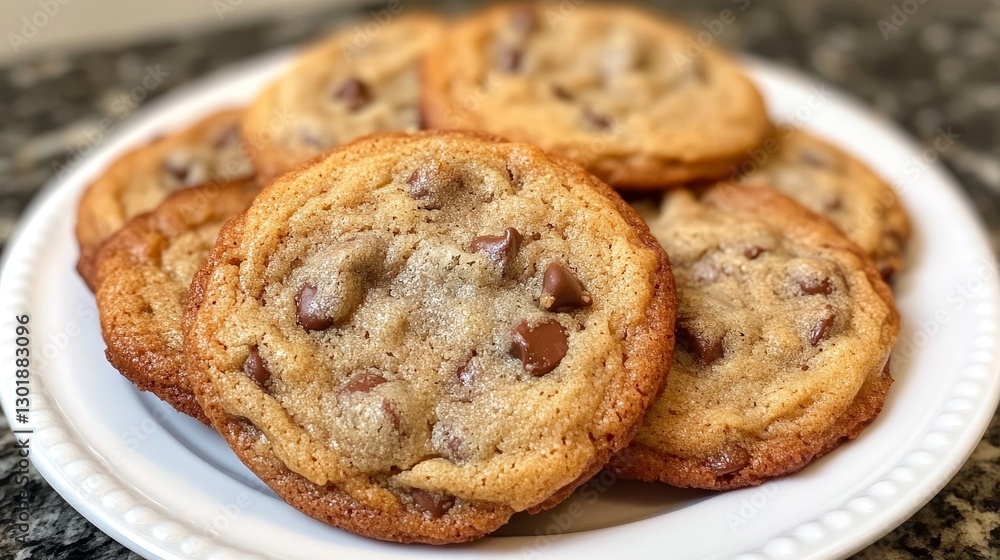 Delicious homemade chocolate chip cookies resting on white plate Delicious homemade chocolate chip cookies resting on white plate