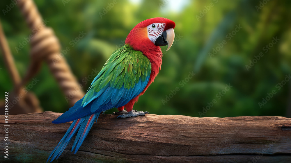 Fototapeta premium vibrant parrot with red, green, and blue feathers perched on wooden branch, surrounded by lush greenery