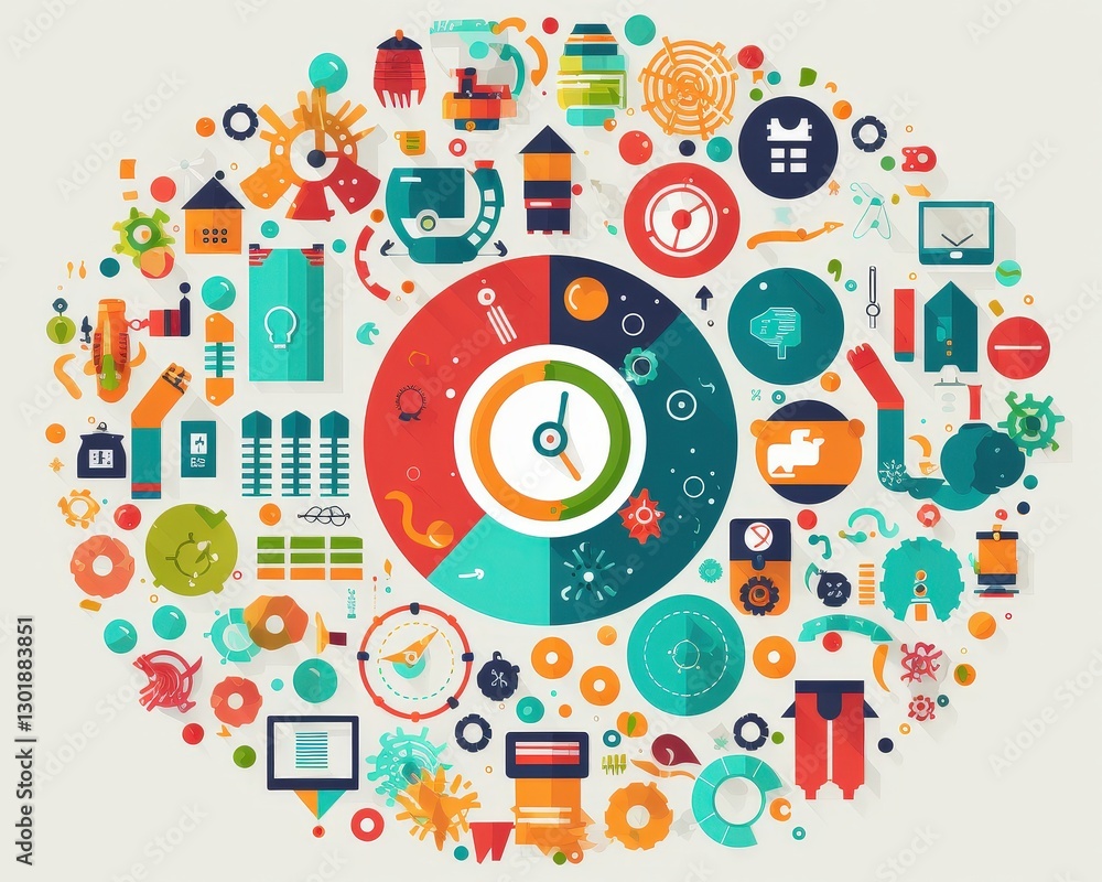 Colorful abstract illustration featuring various technology and design elements in a circular layout Colorful abstract illustration featuring various technology and design elements in a circular layout