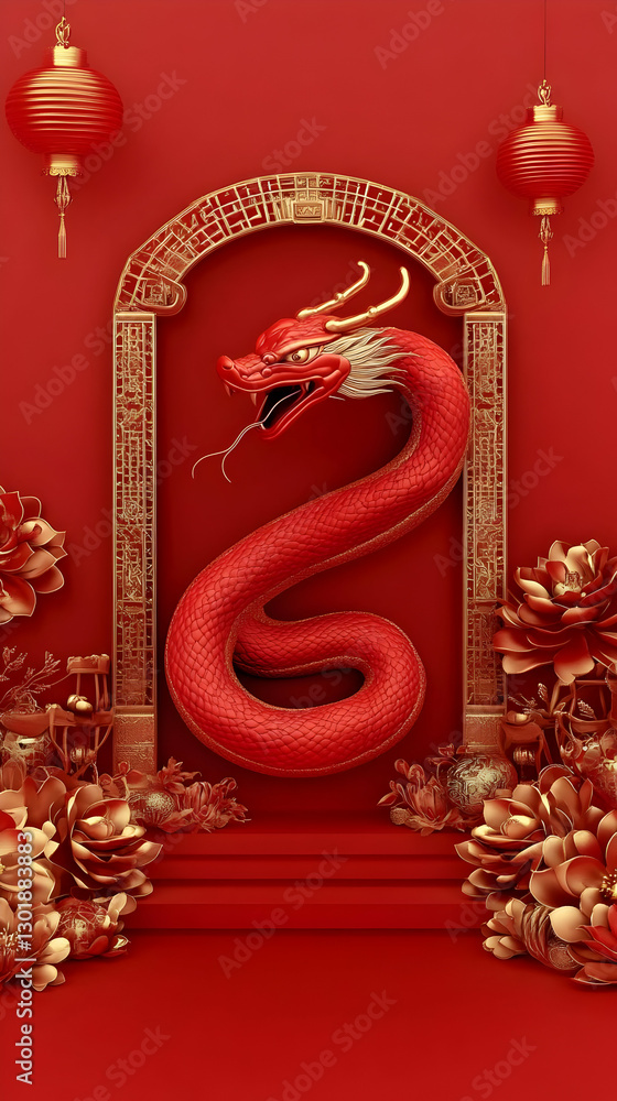 Obraz premium 3D Illustration Red Dragon, Lanterns, Flowers, Arch, Gold