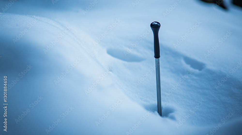 Ski pole planted deep snow winter landscape alpine sport equipment frozen terrain cold outdoor adventure minimalistic solitude crisp white scenery high altitude mountain skiing environment air
