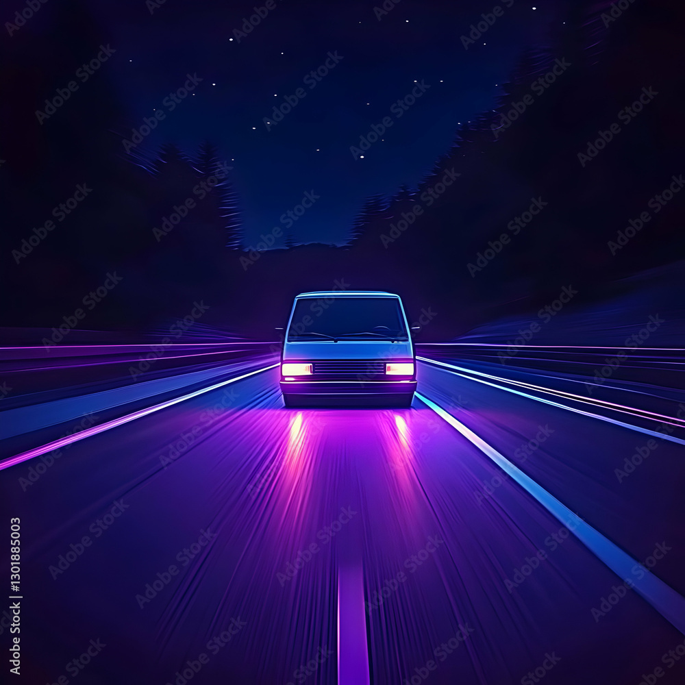 Naklejka premium Night Drive Illustration - Car, Road, Speed, Stars, Dark, Purple, Blue, Forest, Travel, Journey