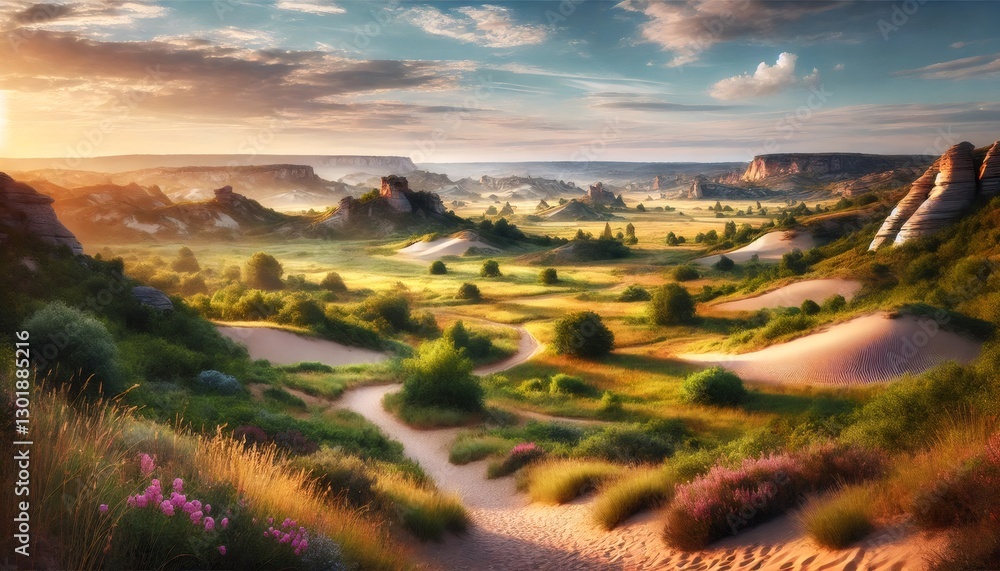 Naklejka premium Winding sandy path through lush valley at golden hour