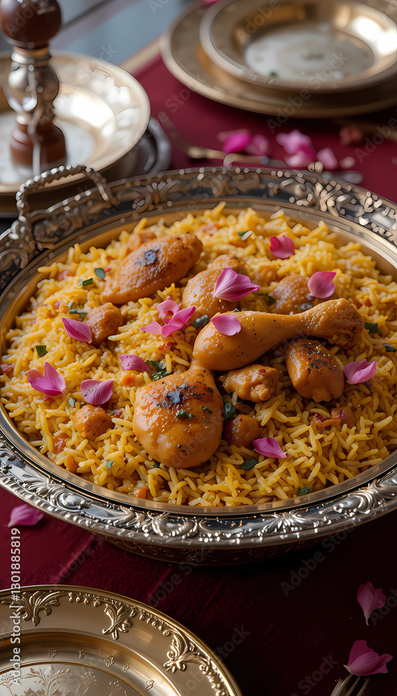 A regal Persian-inspired biryani served in an antique silver bowl, featuring aromatic saffron rice, tender chicken marinated in exotic spices, and garnished with edible rose petals, placed on a velvet A regal Persian-inspired biryani served in an antique silver bowl, featuring aromatic saffron rice, tender chicken marinated in exotic spices, and garnished with edible rose petals, placed on a velvet