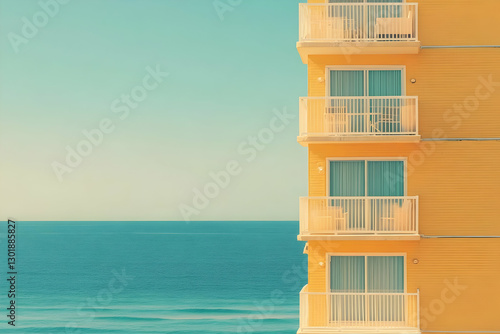 Photo - Coastal Hotel, Ocean View, Balconies, Yellow Building, Summer Vacation