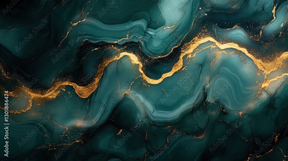 Obraz premium Abstract Green and Gold Fluid Art with Smooth Waves and Patterns