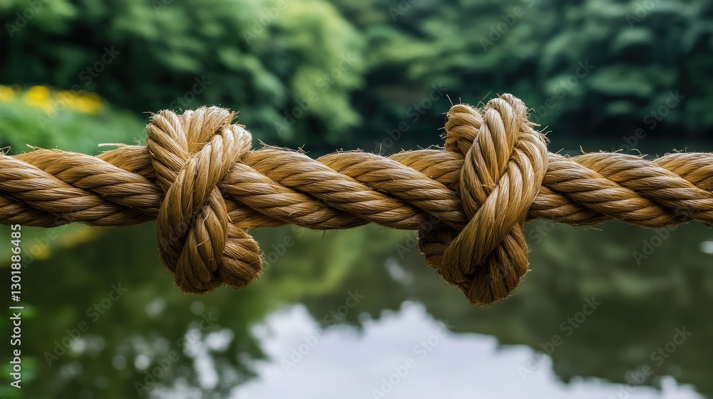 A close-up of a rustic straw rope bridge tied with tight knots. A close-up of a rustic straw rope bridge tied with tight knots.