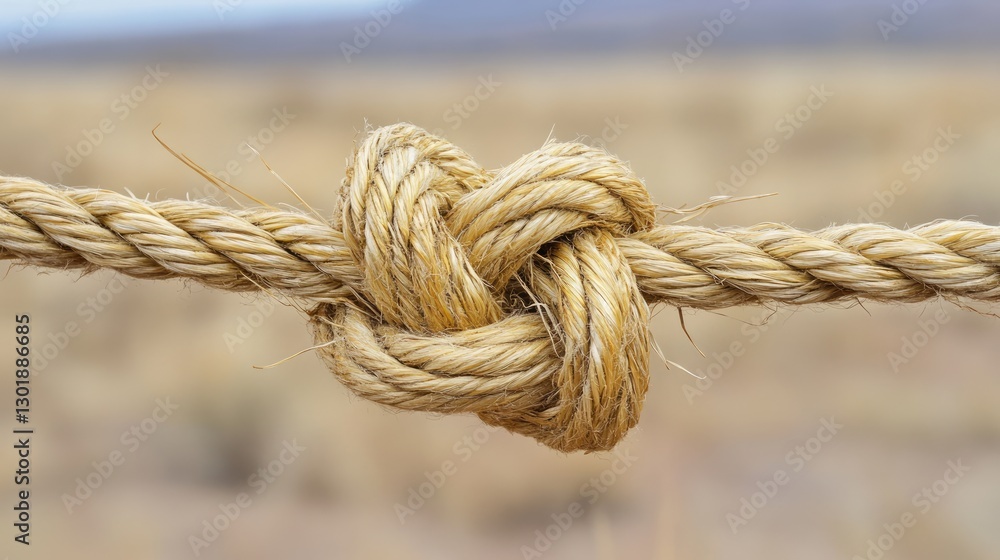 A close-up of a tight straw rope knot securing a fence post. A close-up of a tight straw rope knot securing a fence post.
