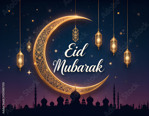 Eid Mubarak, Golden Crescent Moon Floating in a Magical Night Sky
