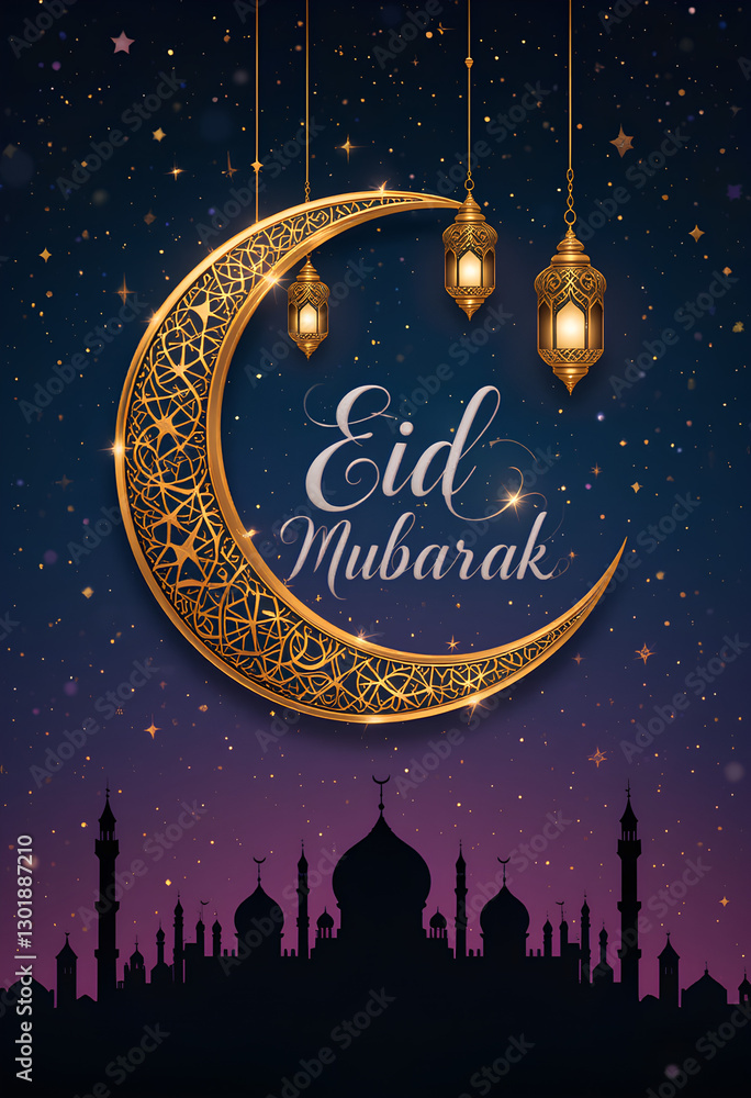 Fototapeta premium Eid Mubarak, Golden Crescent Moon and a Spiritual Night Sky Atmosphere 
