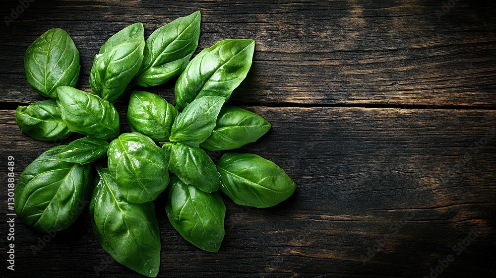Fresh basil leaves on dark wooden background Fresh basil leaves on dark wooden background