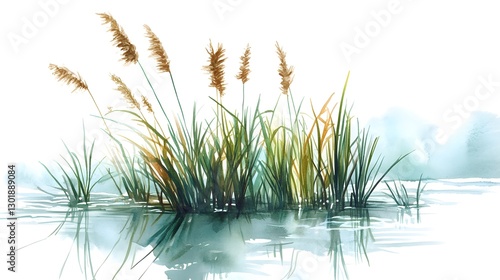 Watercolor hand drawn illustration of reed cattail typhus in a water river. Flora of rivers and swamps
 photo