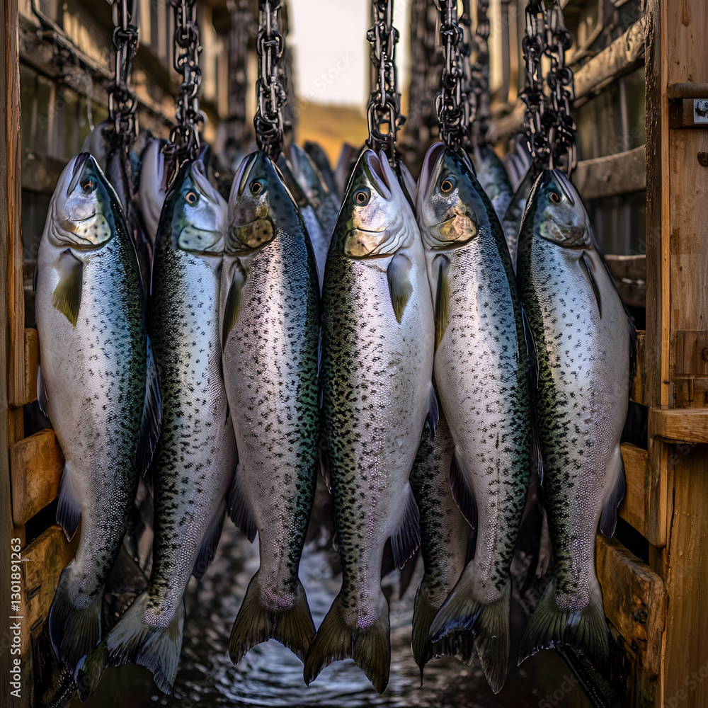 Fototapeta premium Photo Hanging Fish Fresh Salmon Seafood Industry Fins Scales Aquatic
