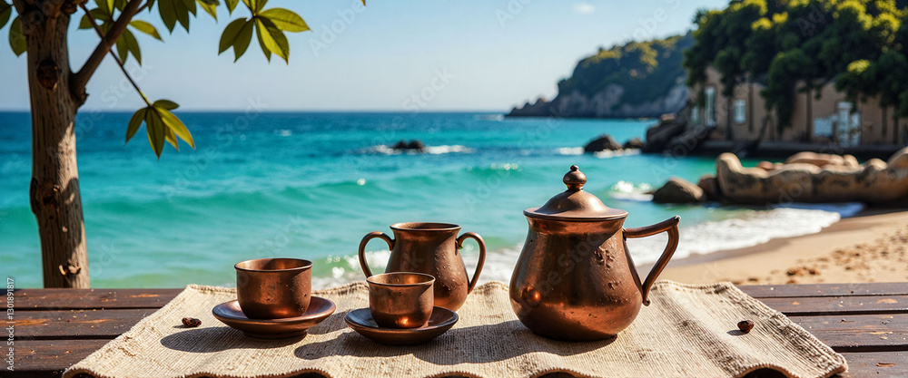 A table with a teapot, cups, and saucers on a beach. The teapot is made of copper and has a lid A table with a teapot, cups, and saucers on a beach. The teapot is made of copper and has a lid