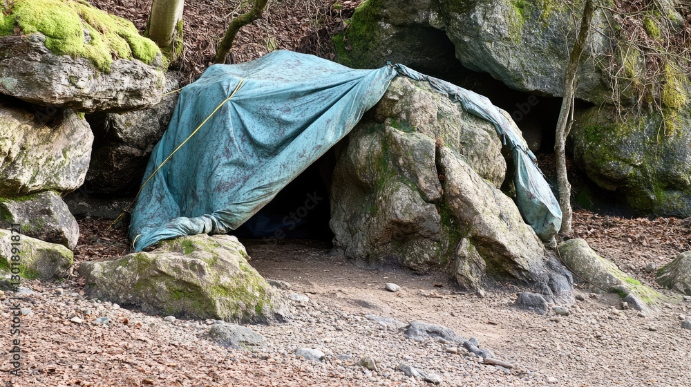 Obraz premium A small campsite under a tarpaulin tied between boulders.
